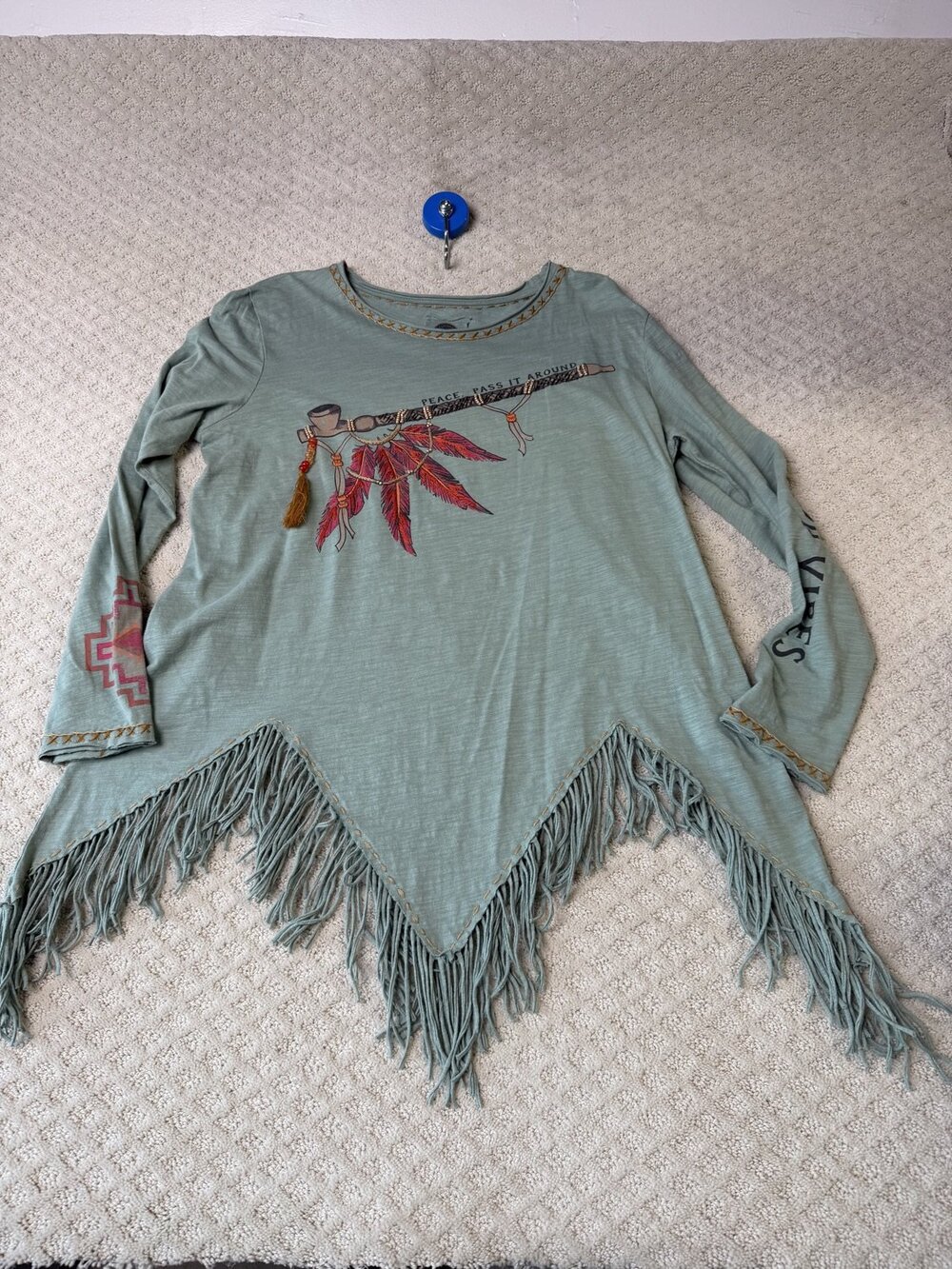 Double D Ranch Peace Pipe Feather Graphic Fringe Hem Tunic Top Good Vibes &
